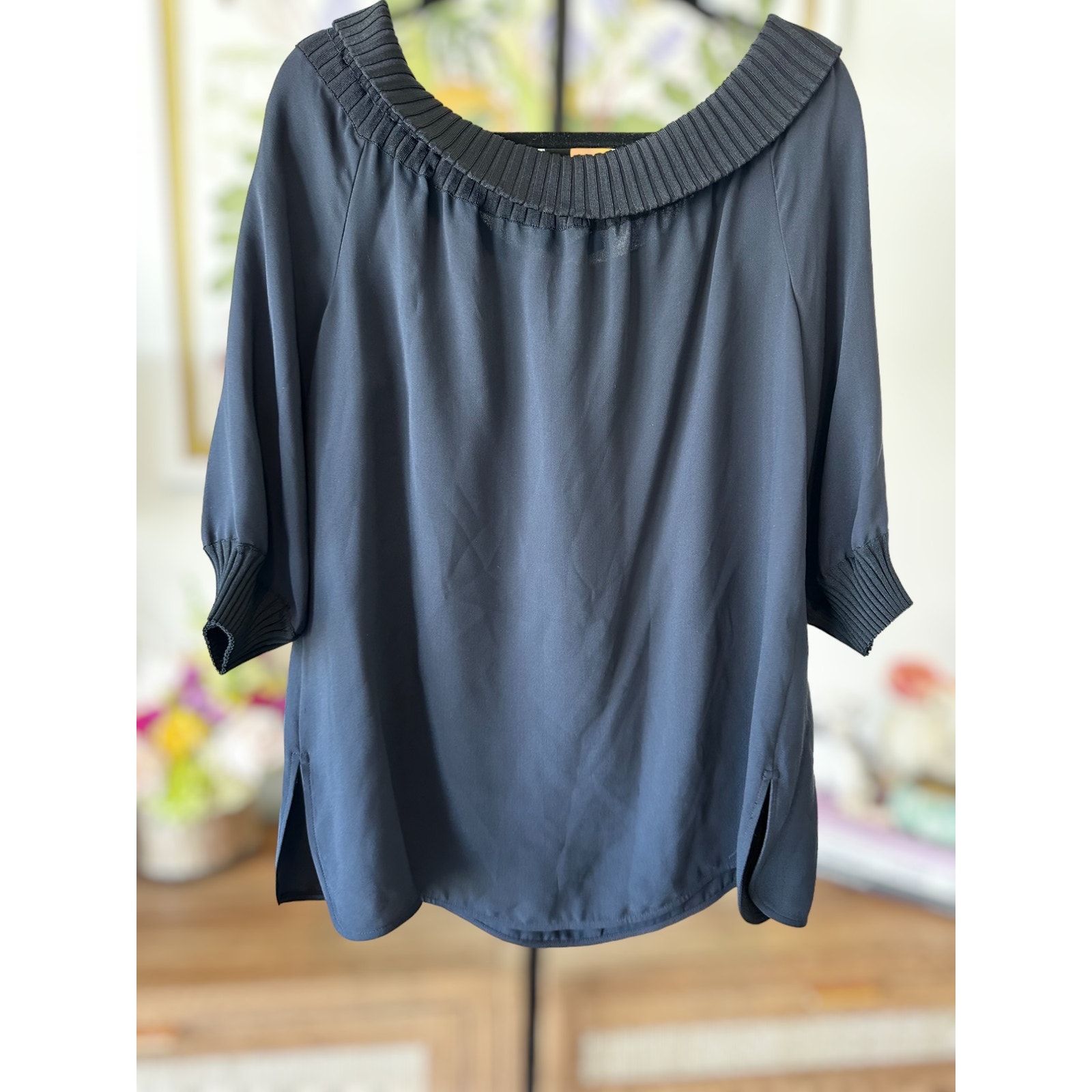 New Lafayette 148 Marlo Off-The-Shoulder Quarter Sleeve Blouse In Navy Size Xl